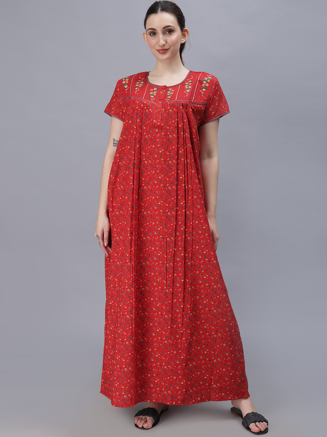 

NIGHTSPREE Floral Printed Embroidered Pure Cotton Maxi Nightdress, Red
