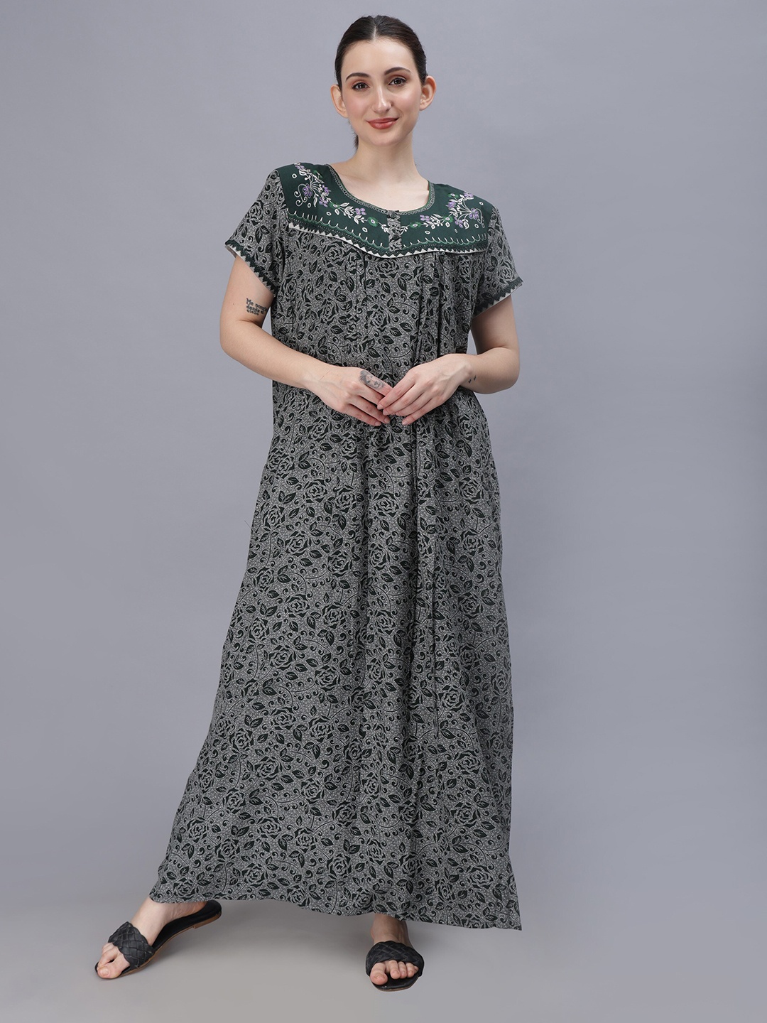 

NIGHTSPREE Floral Printed Embroidered Pure Cotton Maxi Nightdress, Green