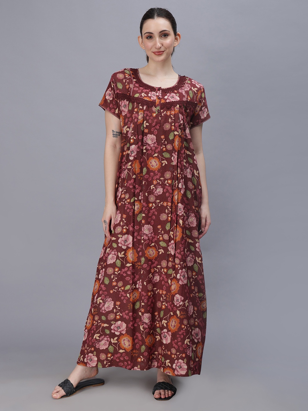 

NIGHTSPREE Floral Printed Organic Cotton Maxi Nightdress, Maroon