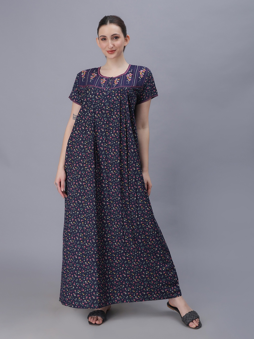 

NIGHTSPREE Floral Printed Cotton Maxi Nightdress, Navy blue