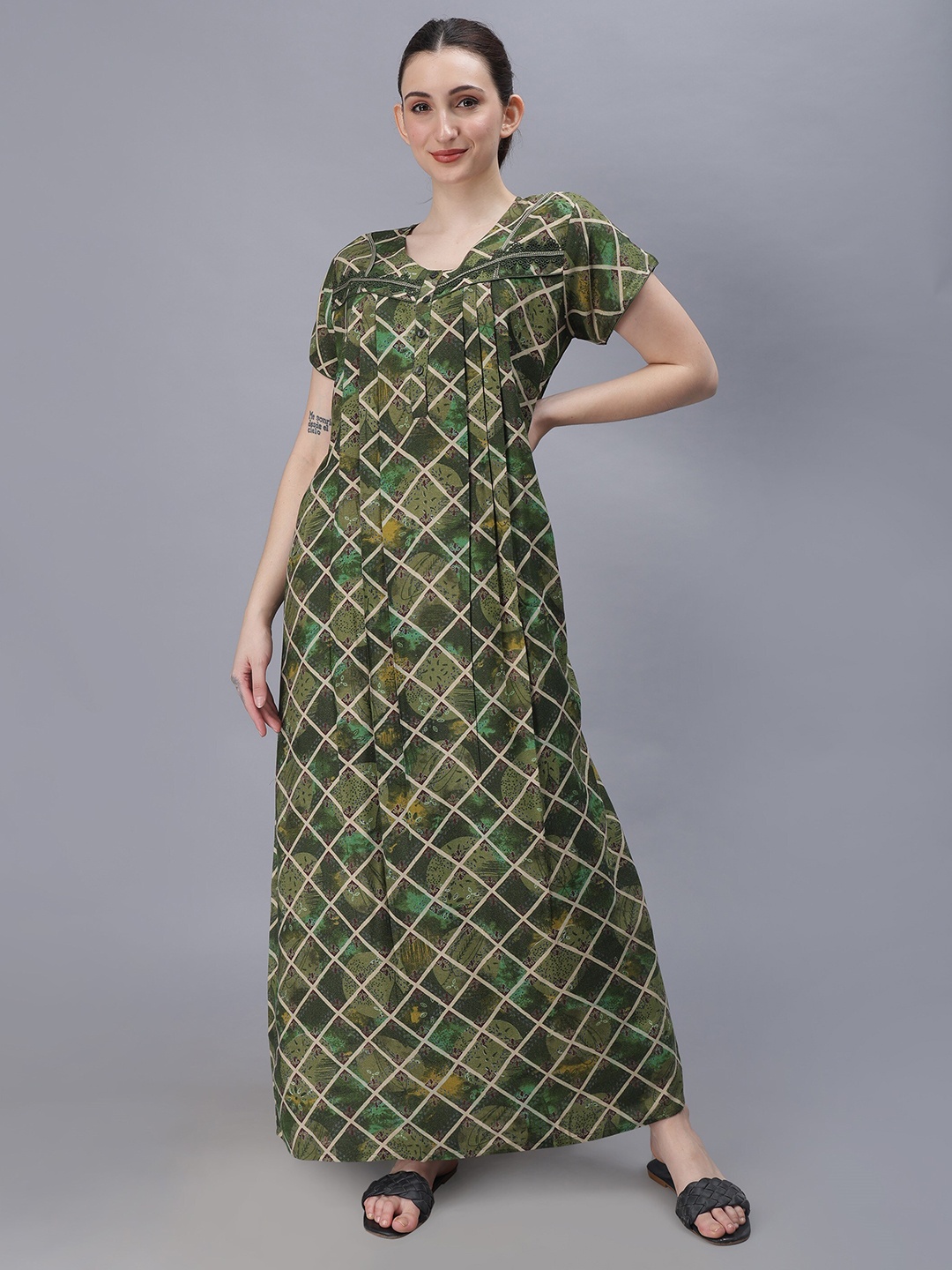 

NIGHTSPREE Geometric Printed Cotton Maxi Nightdress, Green
