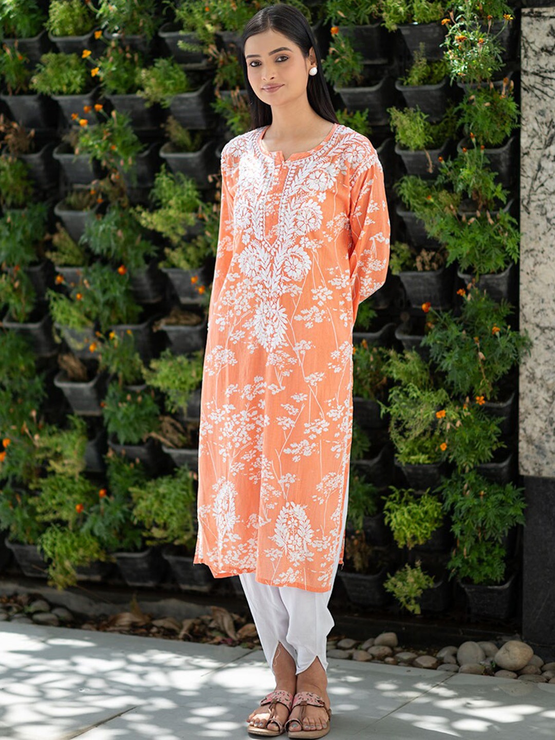 

Rangreza Ethnic Printed Round Neck Three-Quarter Sleeves Cotton Kurta, Orange