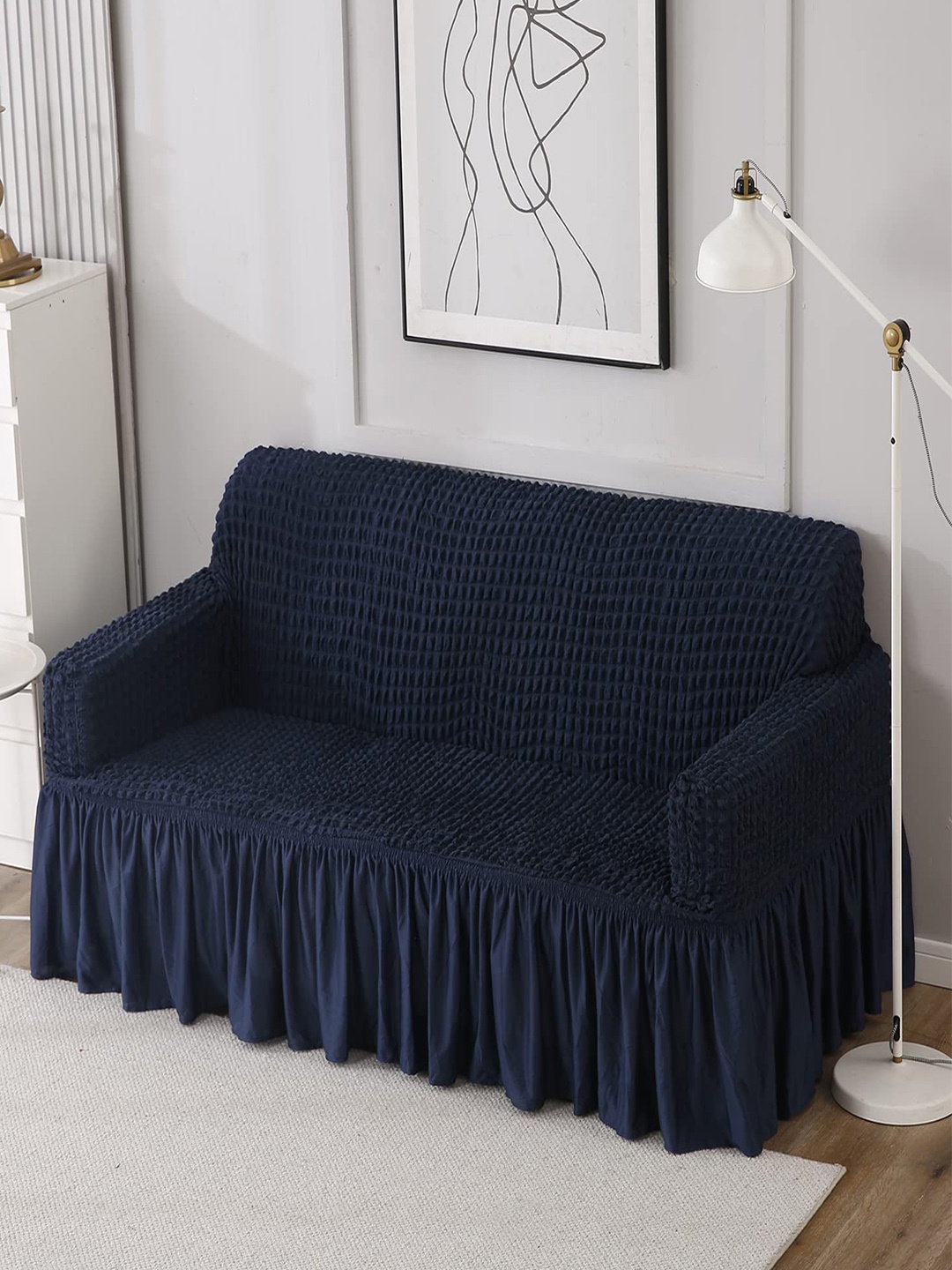 

HOKIPO Navy Blue Stretchable 3 Seater Bubble Frill Sofa Cover With Arms