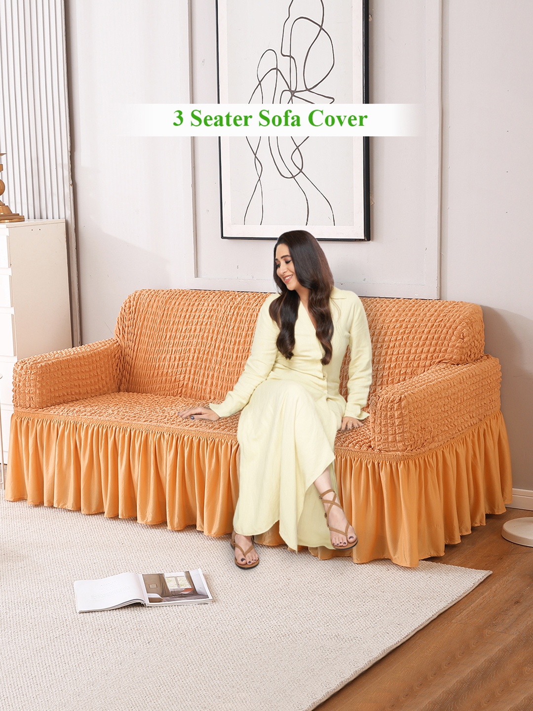 

HOKIPO Brown 3 Seater Stretchable Elastic Frilled Sofa Cover
