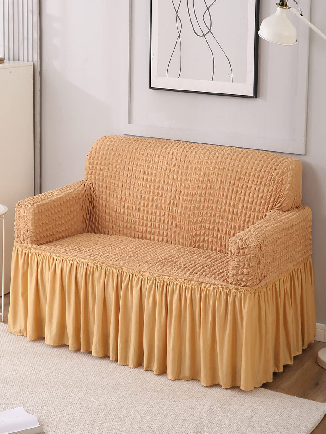 

HOKIPO Brown 2 Seater Stretchable Elastic Frilled Sofa Cover