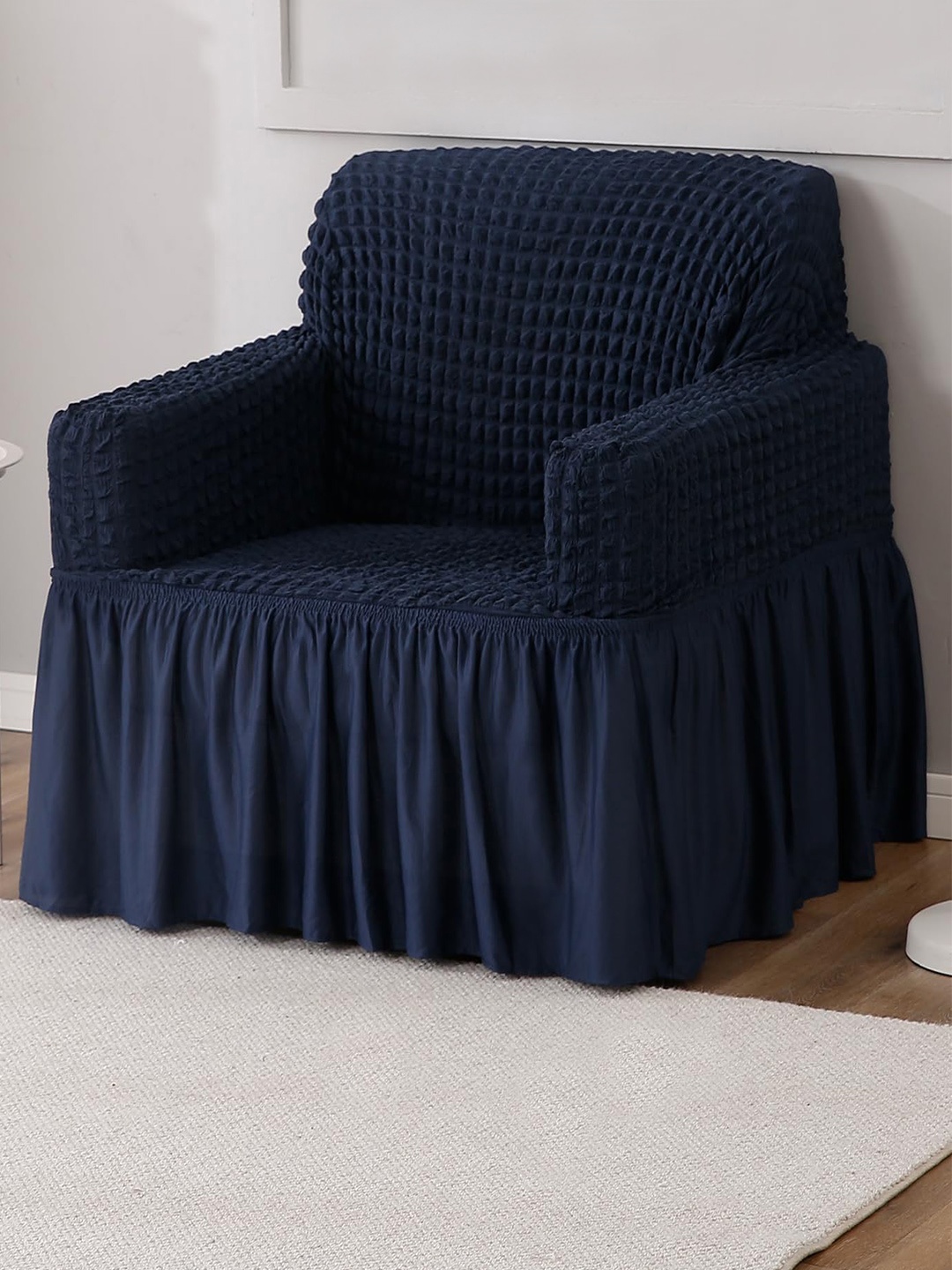 

HOKIPO Navy Blue Stretchable Bubble Frill 1 Seater Sofa Cover