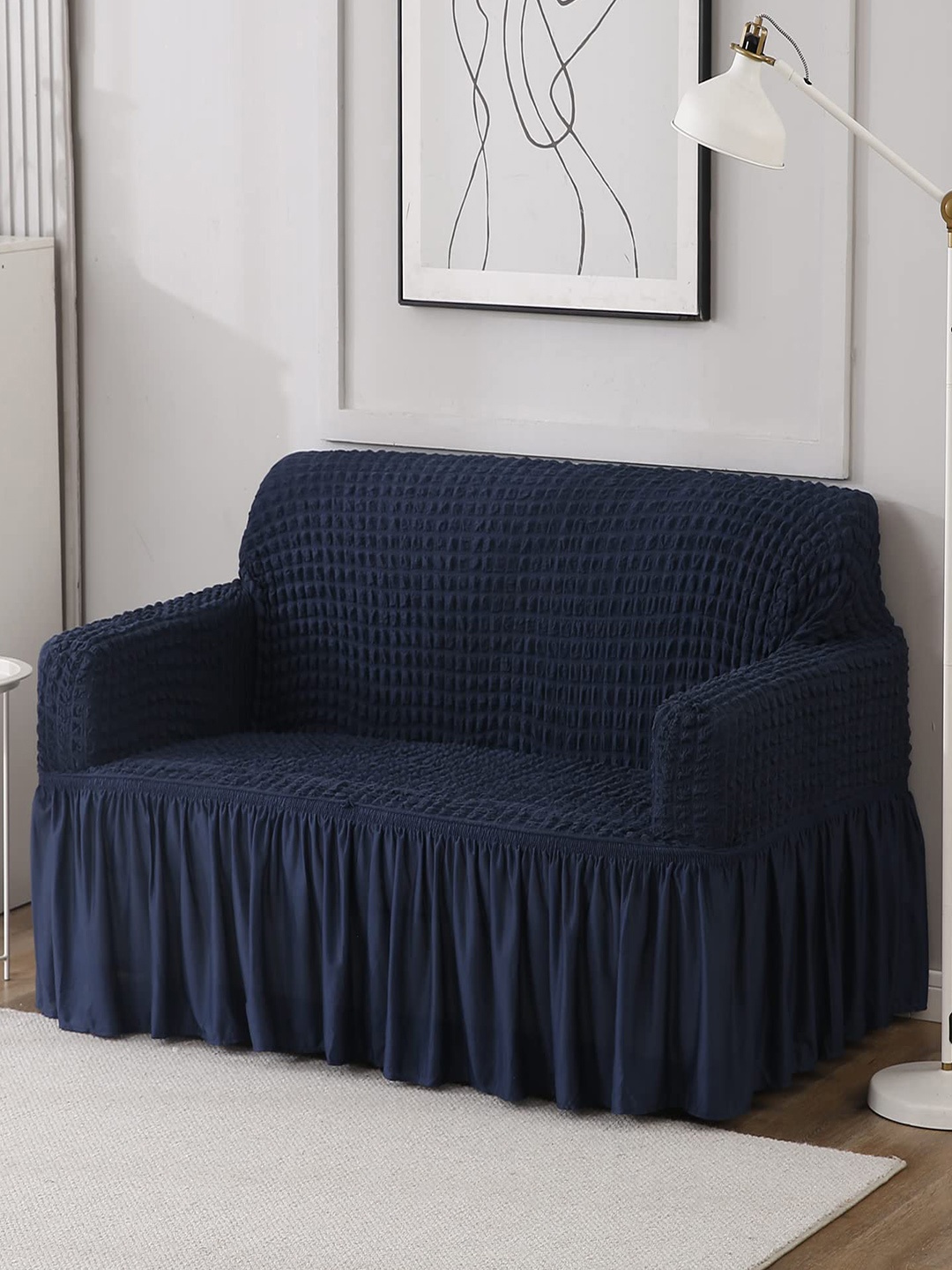 

HOKIPO Navy Blue 2 Seater Stretchable Elastic Frilled Sofa Cover