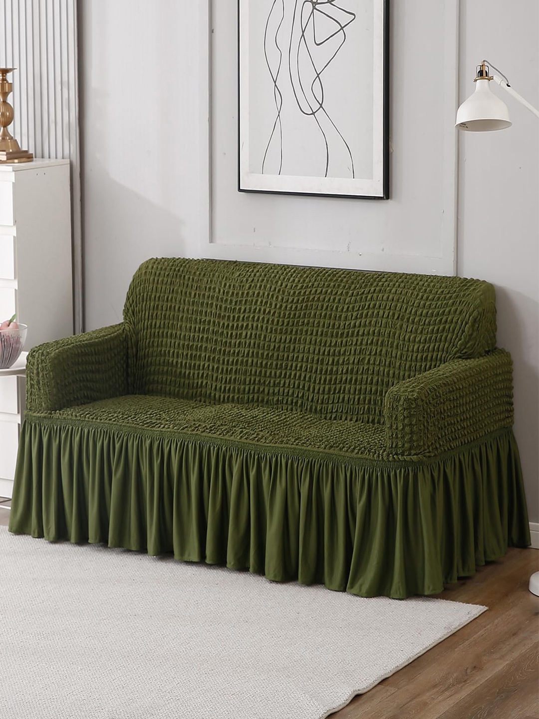 

HOKIPO Green Stretchable Bubble Frill 1 Seater Sofa Cover