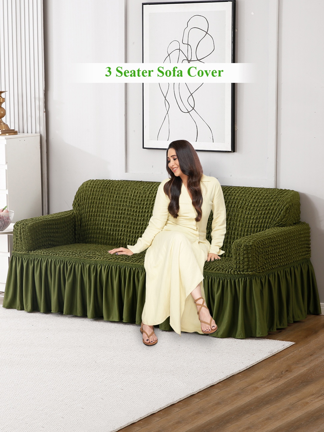 

HOKIPO Green Stretchable Bubble Frill 1 Seater Sofa Cover
