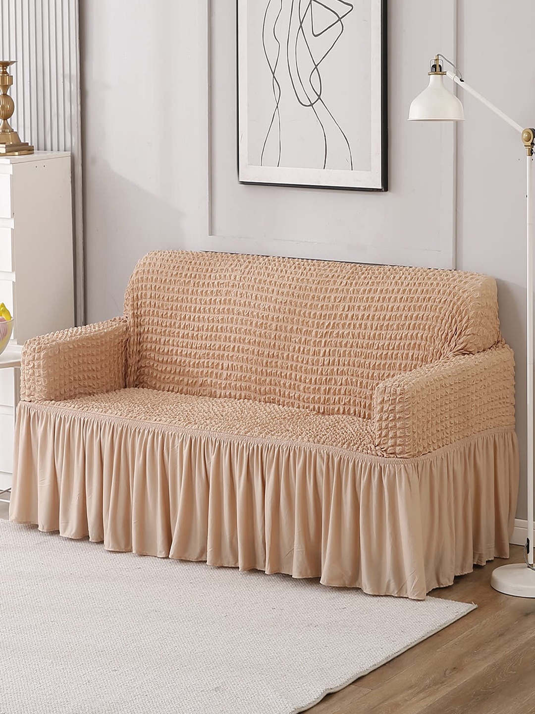 

HOKIPO Beige Polyester 2 Seater Stretchable Elastic Frilled Sofa Cover