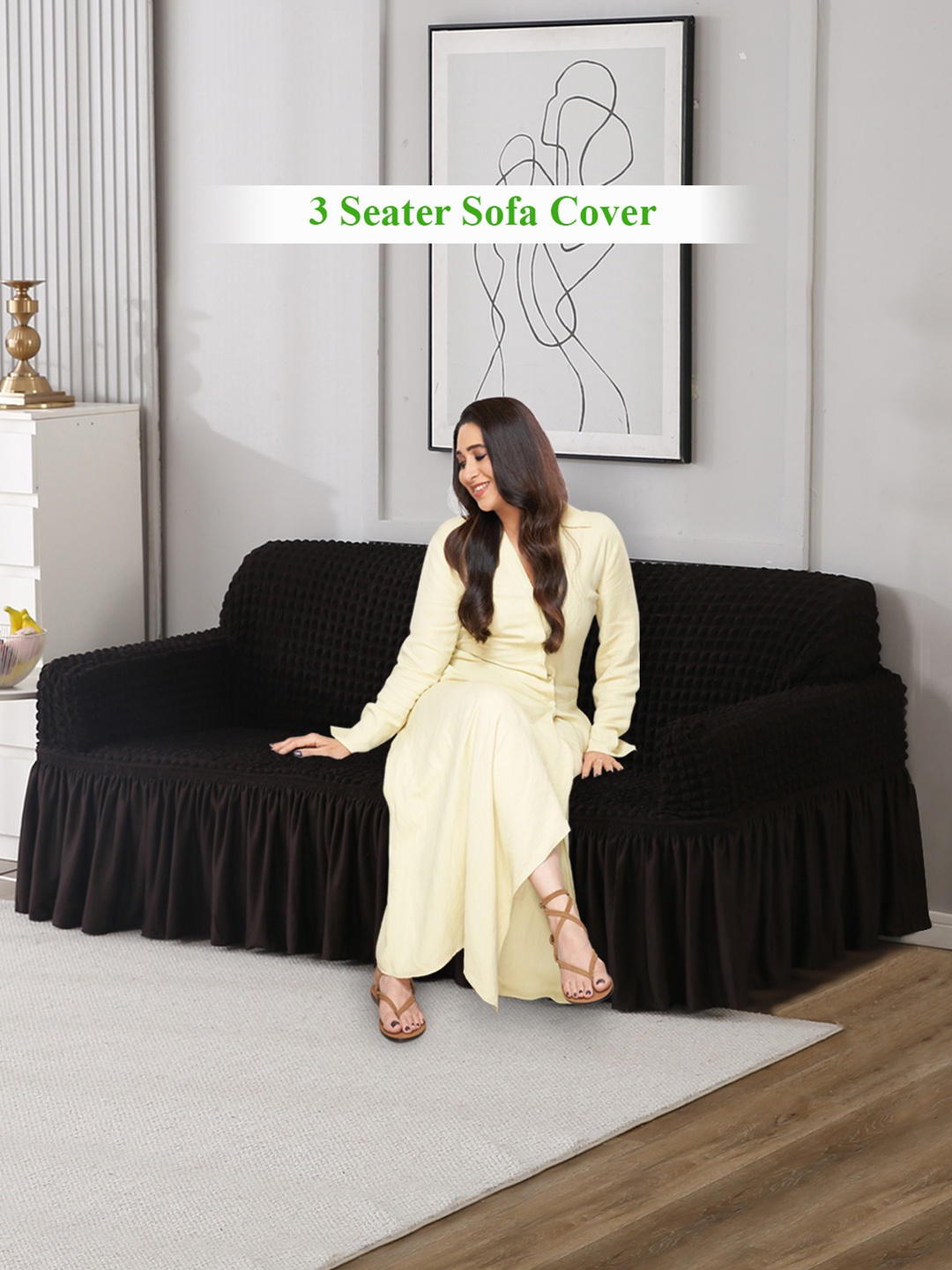 

HOKIPO Coffee Brown 3 Seater Stretchable Elastic Frilled Sofa Cover