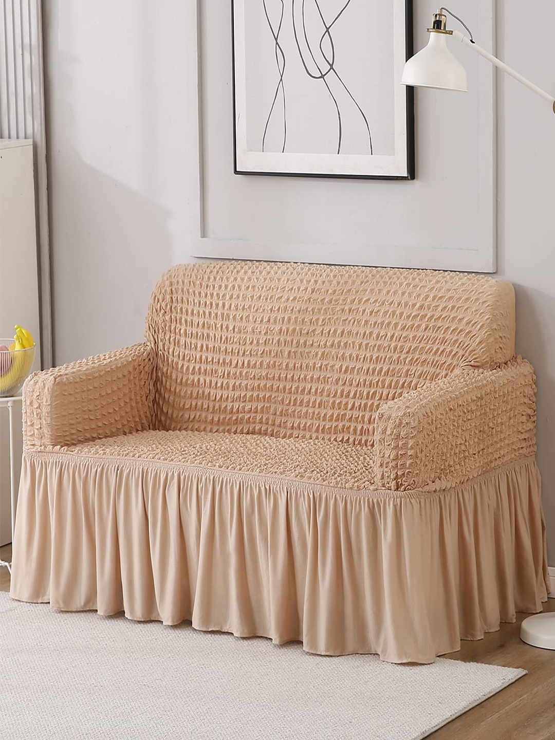 

HOKIPO Beige Stretchable 2 Seater Bubble With Frill Sofa Cover With Arms