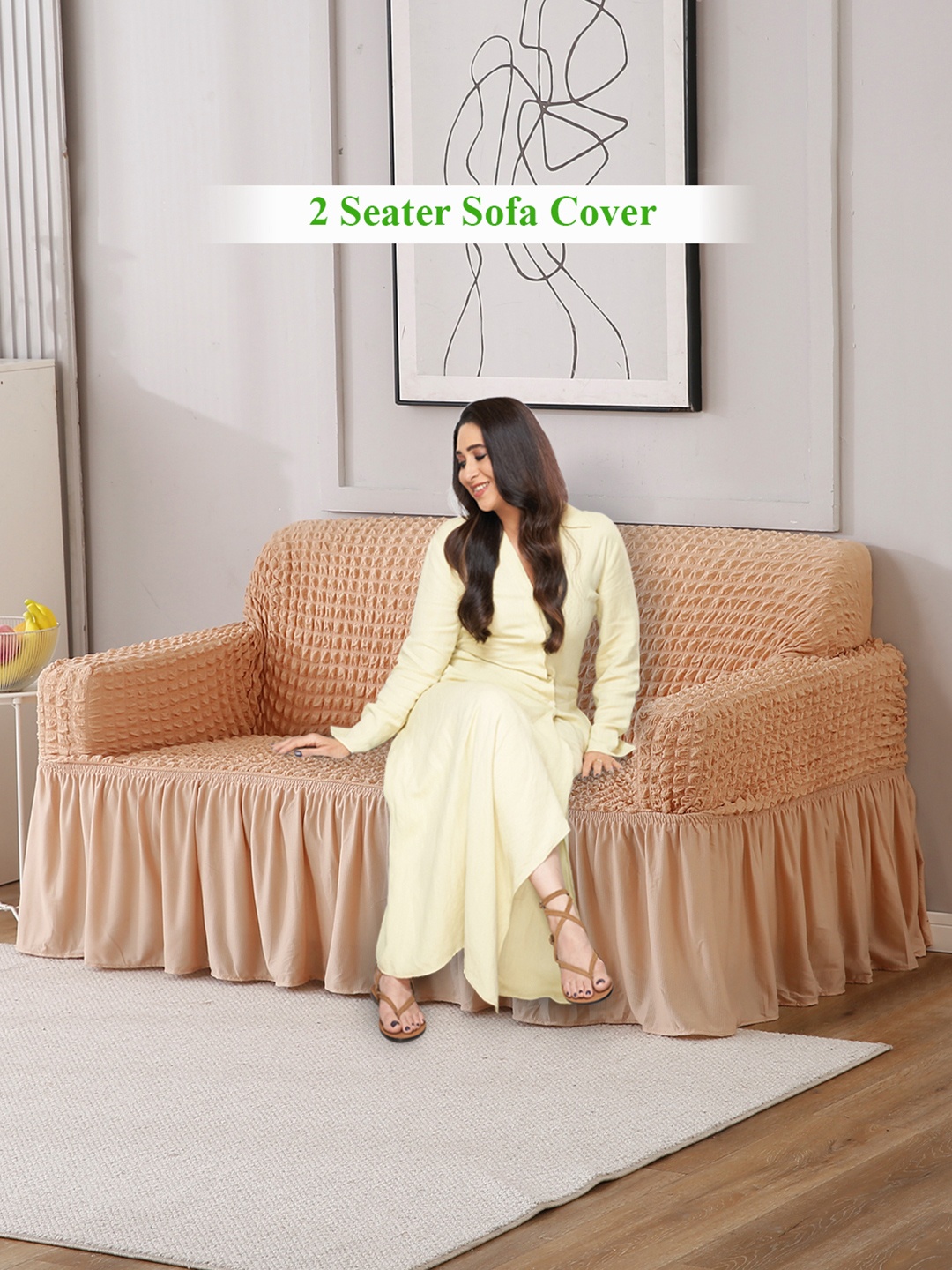 

HOKIPO Beige Stretchable 2 Seater Bubble With Frill Sofa Cover With Arms