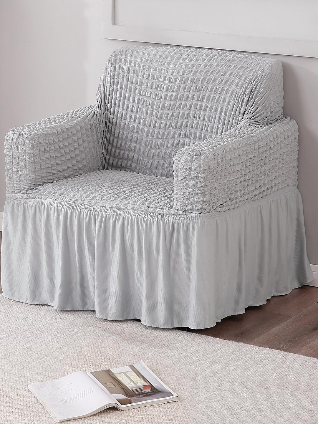 

HOKIPO Grey Self Design Stretchable Bubble Sofa Frill Cover With Arms