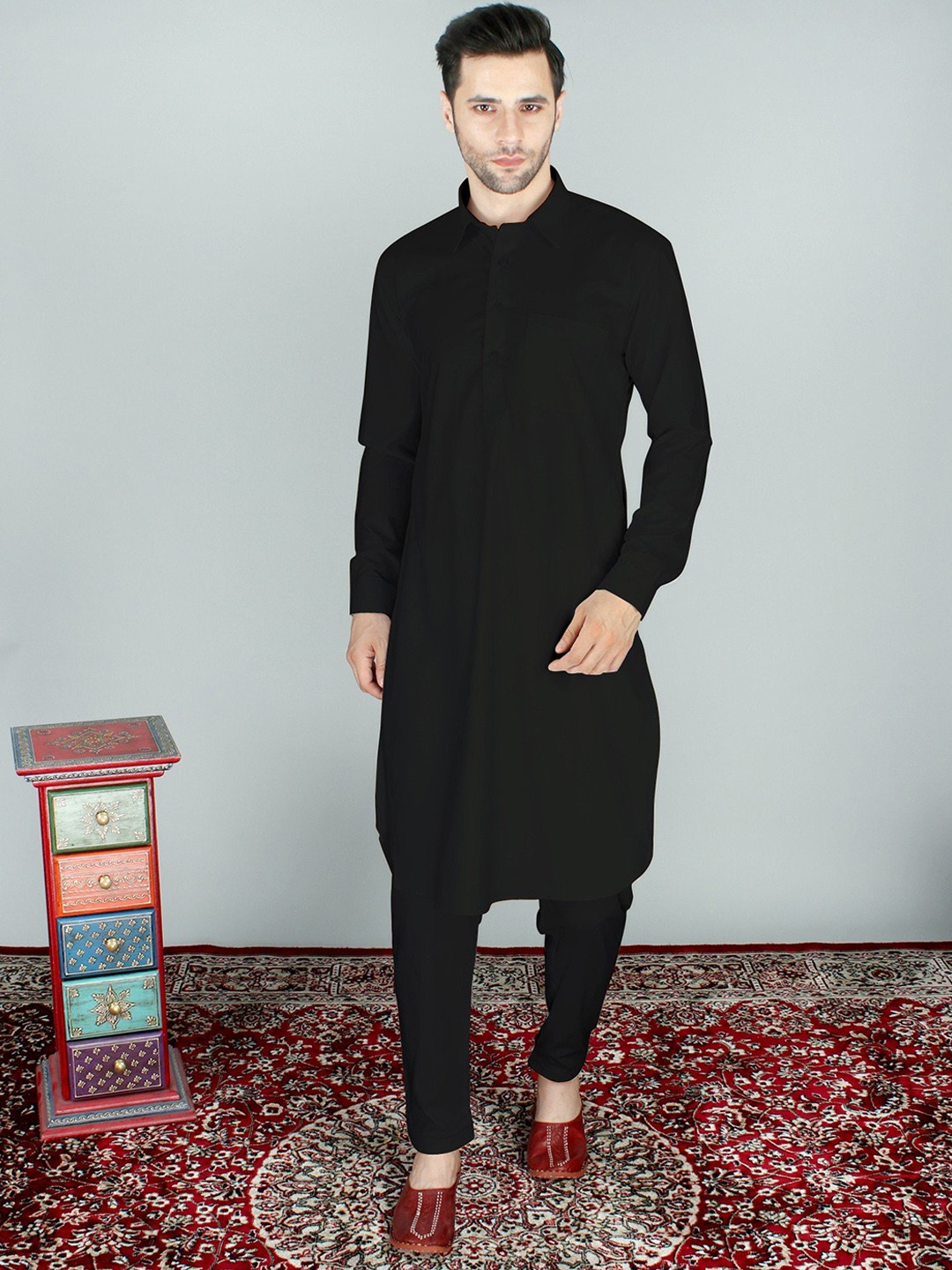

Exotic India Shirt Collar Regular Pure Cotton Pathani Kurta With Pyjamas, Black