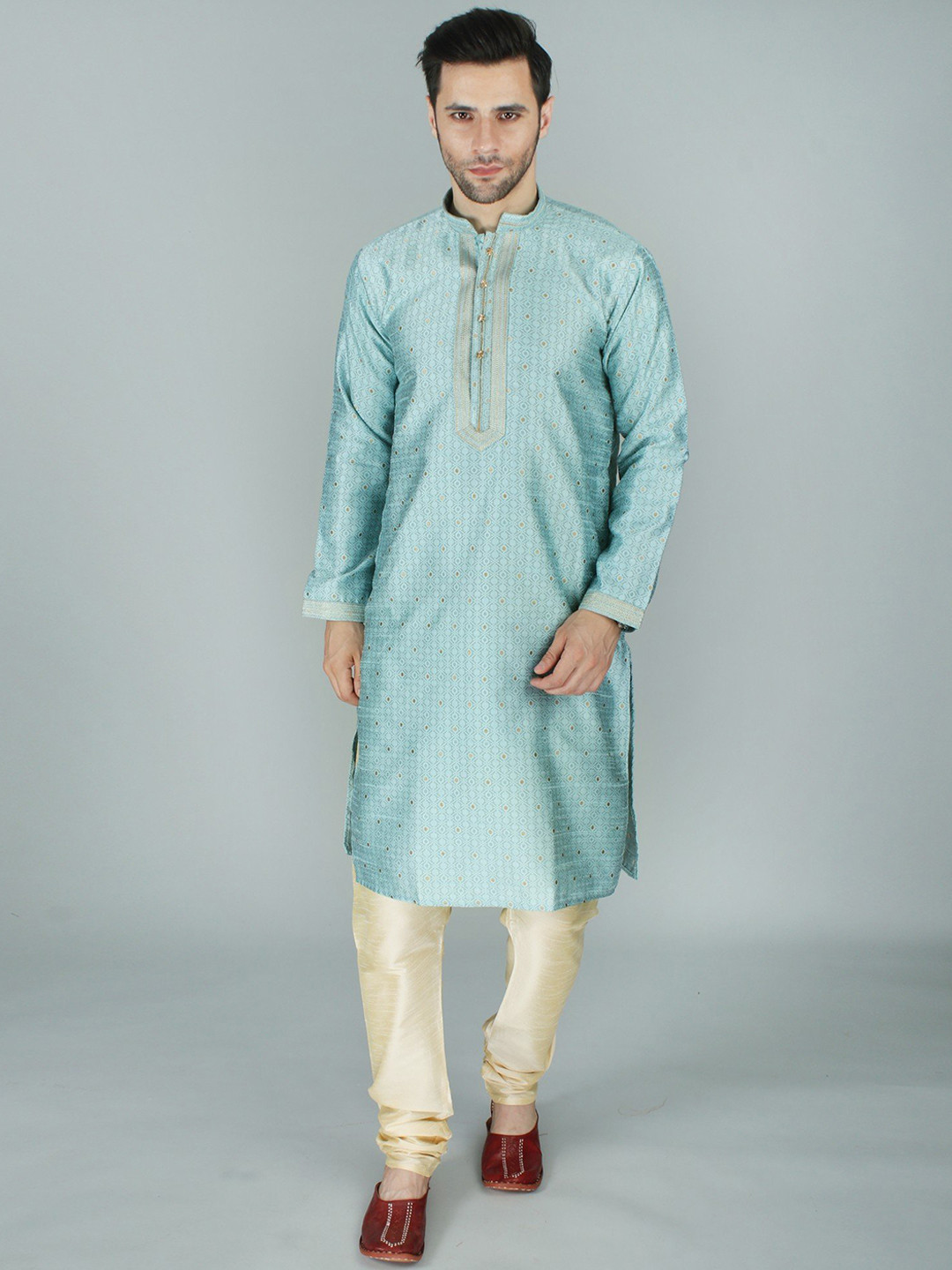 

Exotic India Ethnic Brocaded Kurta Pajama Set with Repetitive Weave, Blue