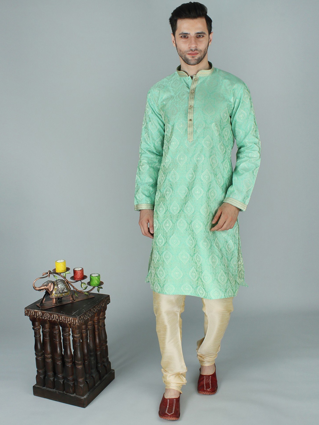 

Exotic India Jacquard Modish Big Pattern Green Ethnic Kurta Pajama Set