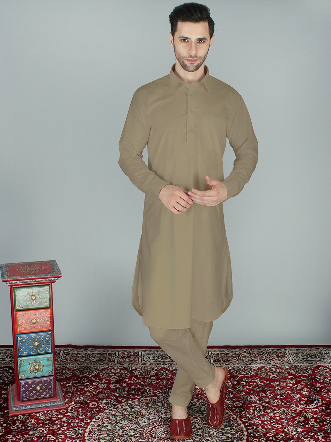 

Exotic India Tuffet Pure Cotton Pathani Kurta Pajama Set, Brown