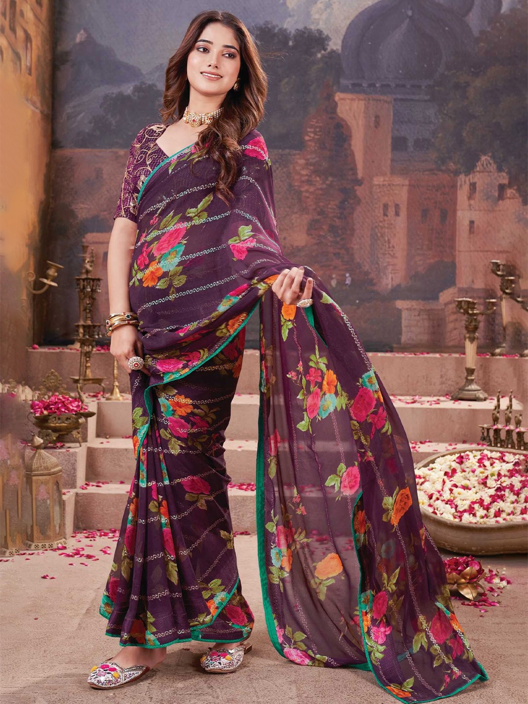 

Mitera Floral Poly Georgette Saree, Purple