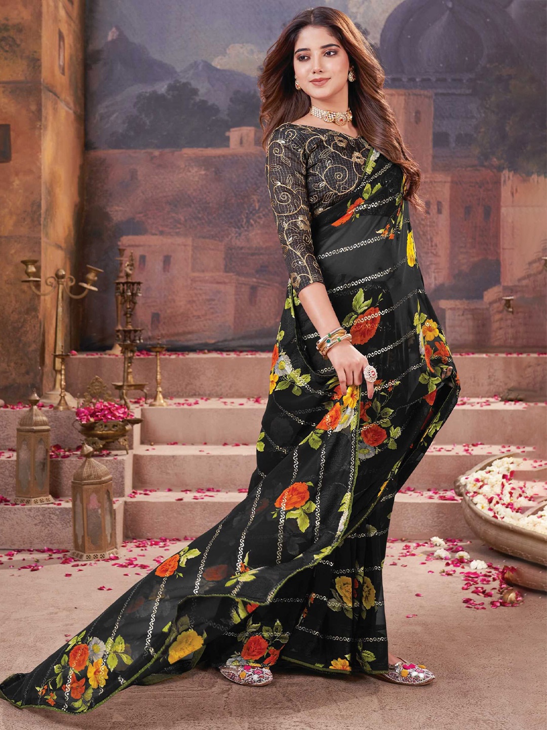 

Mitera Floral Printed Saree, Black