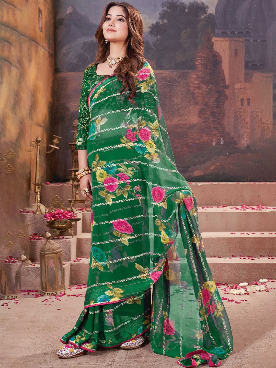 

Mitera Floral Poly Georgette Saree, Green