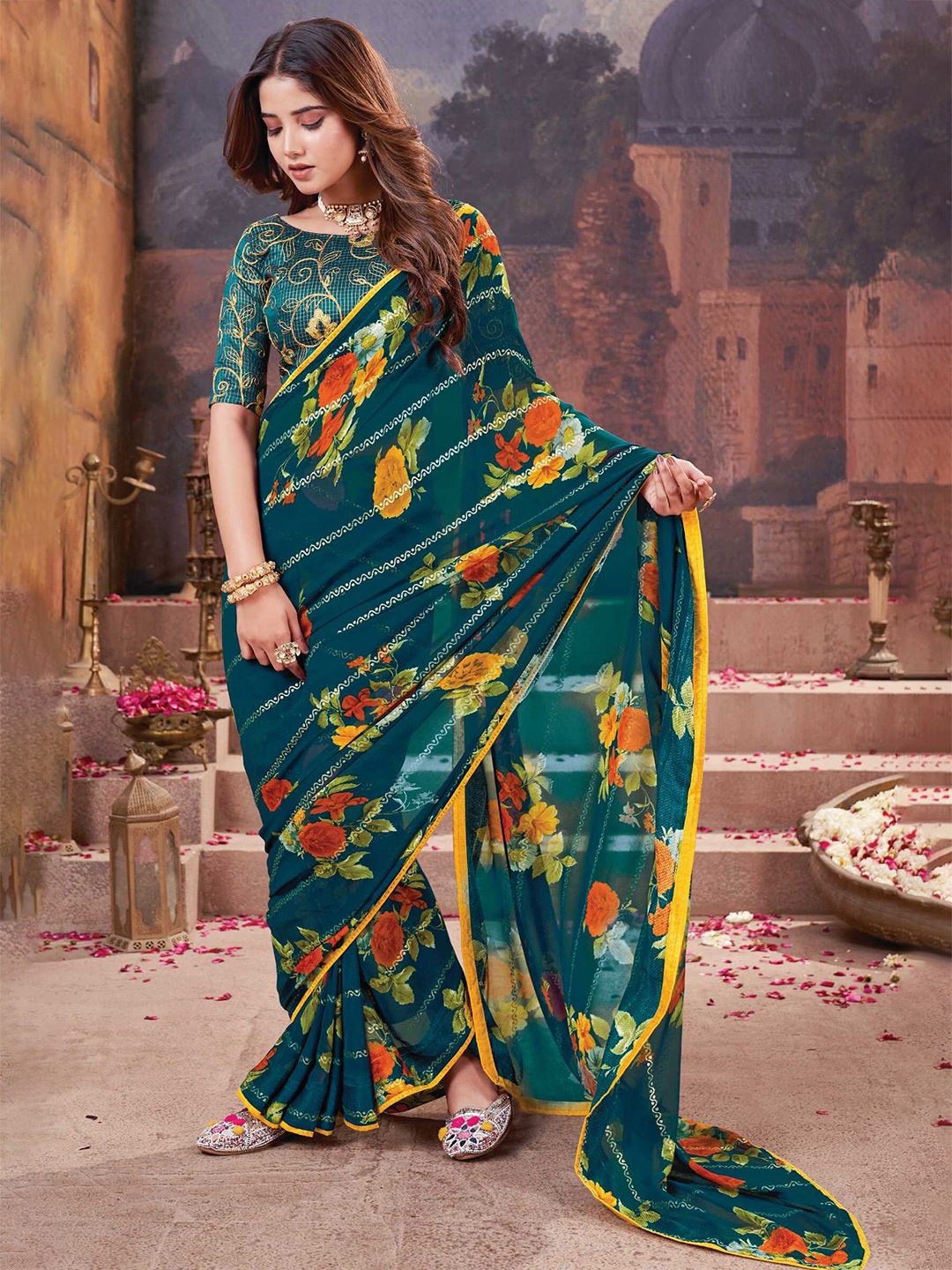 

Mitera Floral Saree, Teal