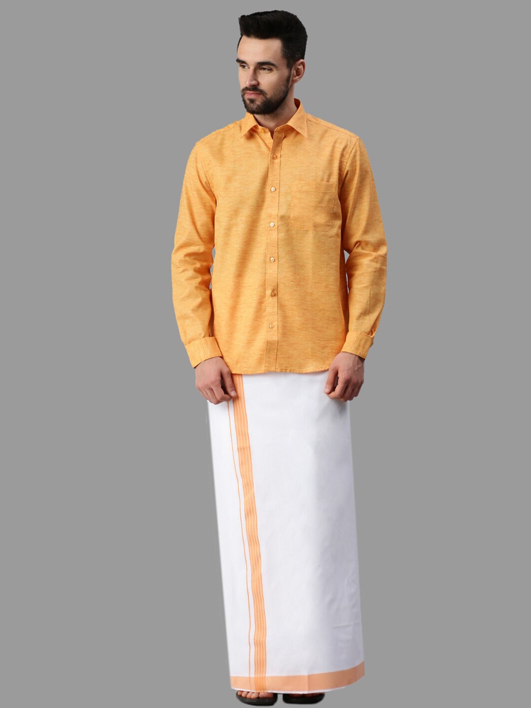 

Ramraj Cotton Full Sleeve Shirt & Matching Dhoti, Orange