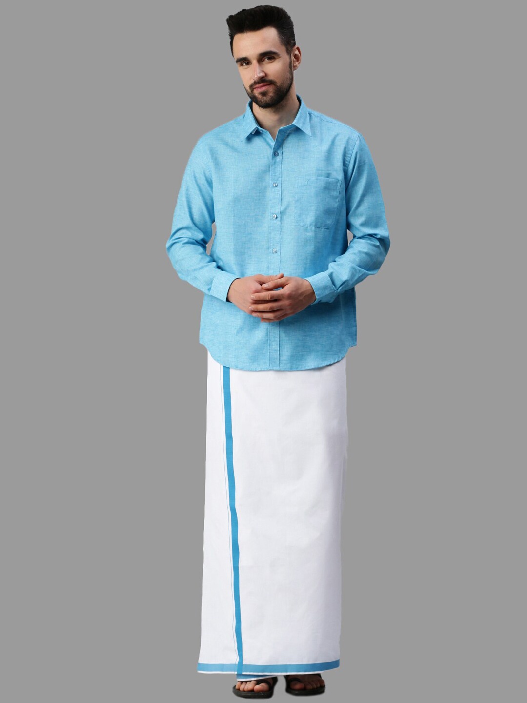 

Ramraj Cotton Full Sleeve Shirt & Matching Dhoti, Blue