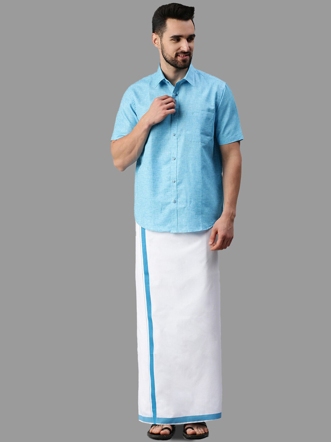 

Ramraj Cotton Half Sleeve Shirt & Matching Dhoti, Blue
