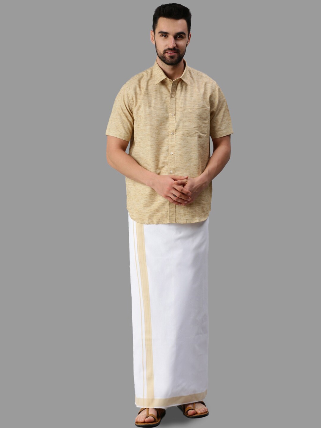 

Ramraj Cotton Half Sleeve Shirt & Matching Dhoti, Beige