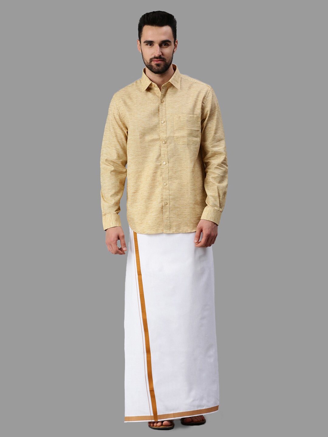 

Ramraj Cotton Full Sleeve Shirt & Matching Dhoti, Beige