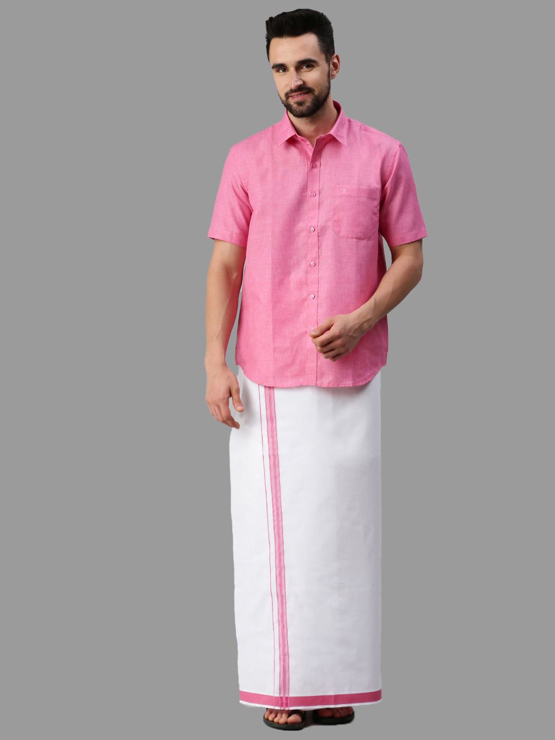 

Ramraj Cotton Half Sleeve Shirt & Matching Dhoti, Pink