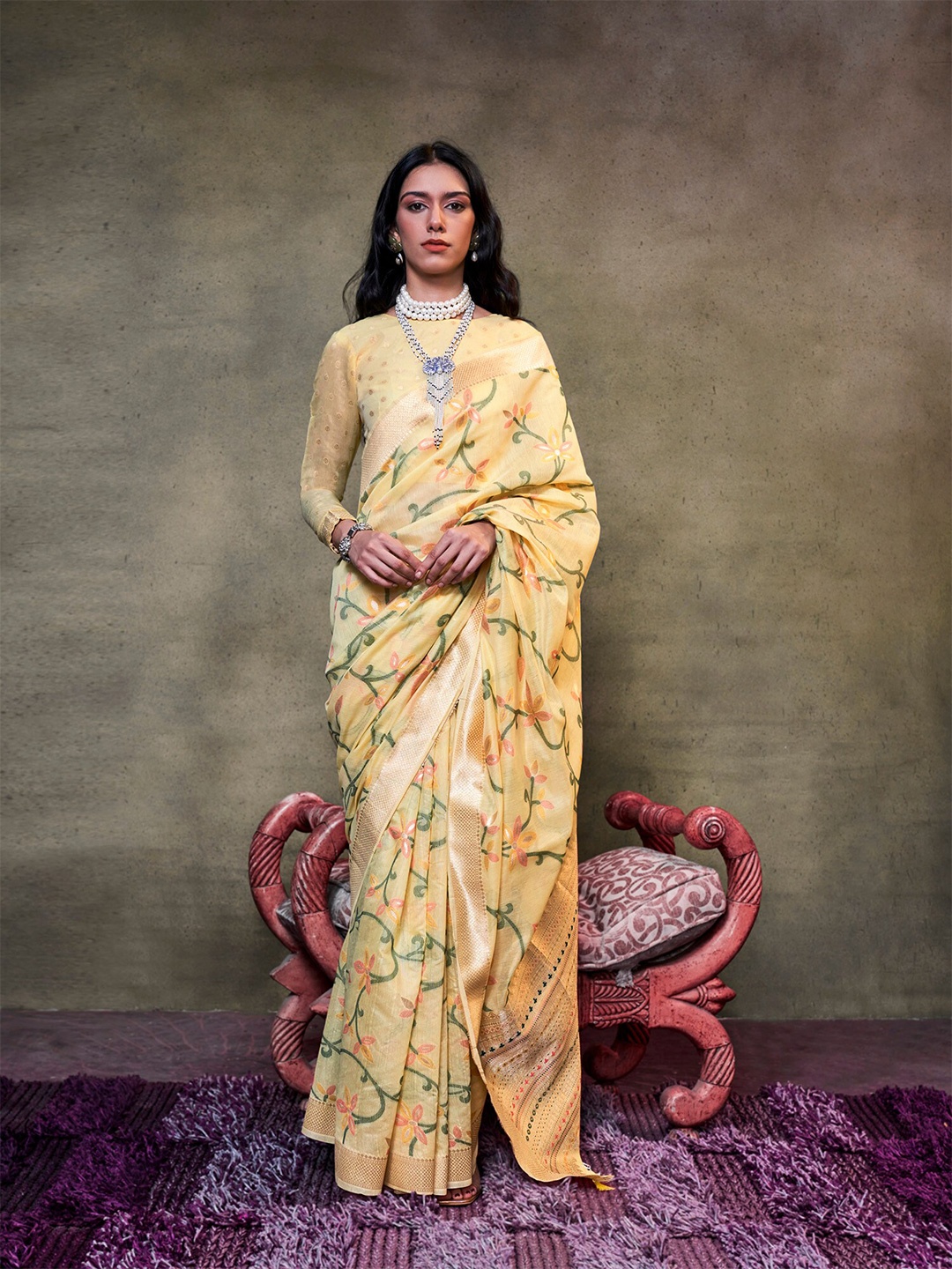 

elora Ethnic Motifs Pure Cotton Jamdani Saree, Yellow