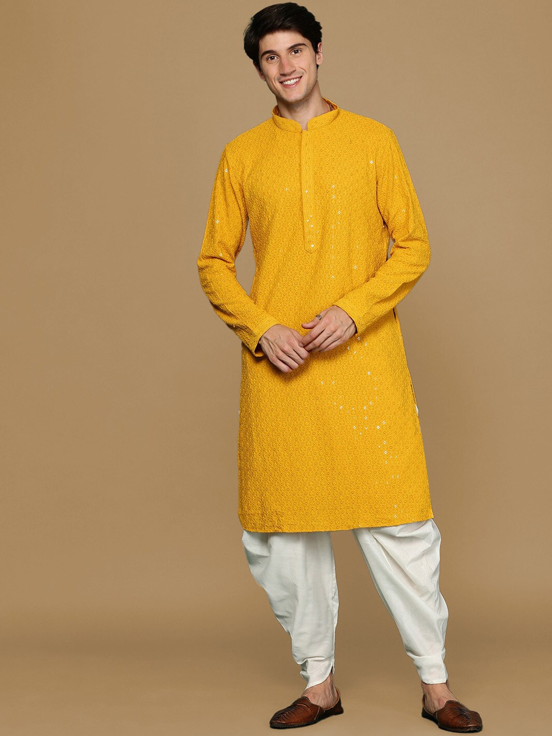 

Sanwara Geometric Embroidered Mandarin Collar Straight Chikankari Kurta With Dhoti Pants, Mustard