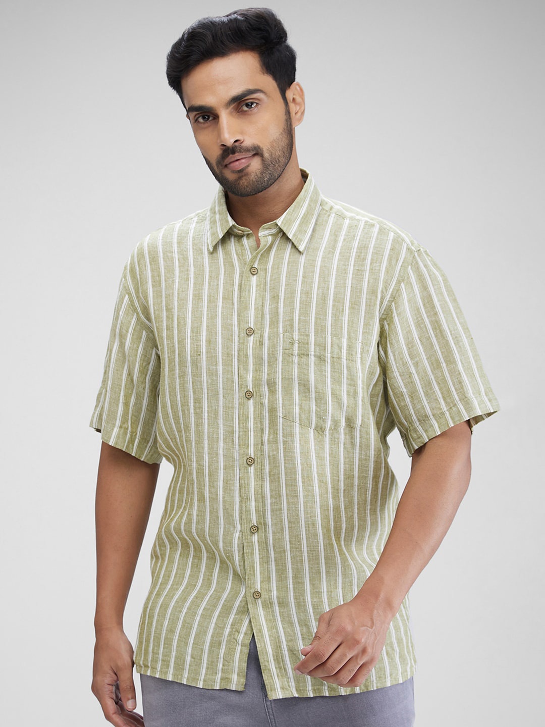 

ColorPlus Striped Linen Casual Shirt, Green