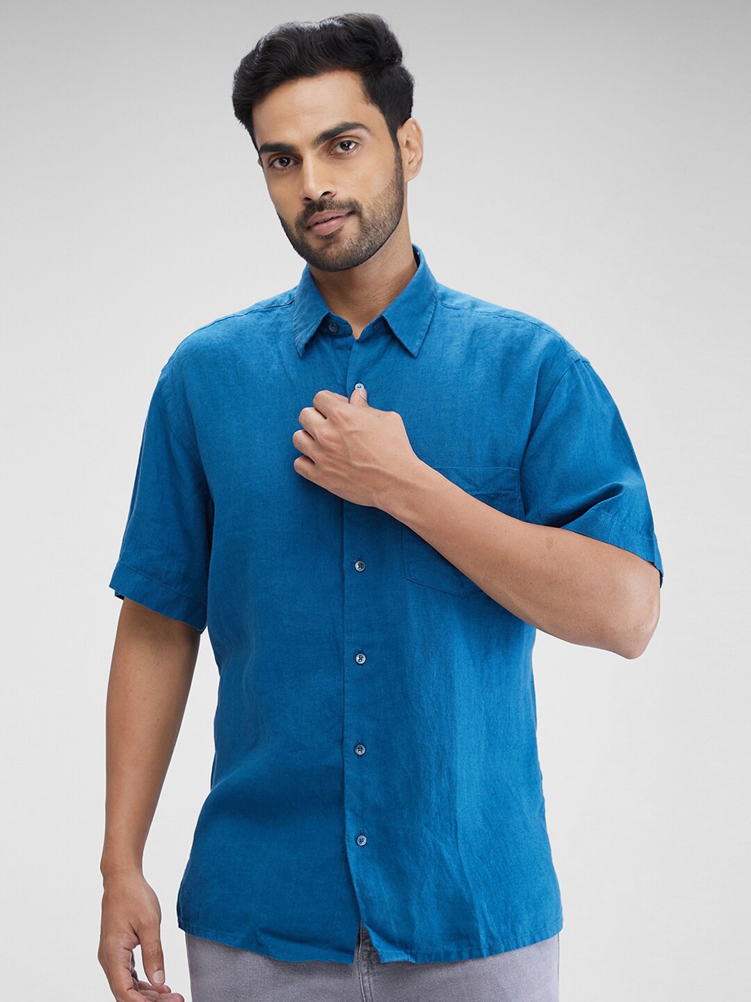 

ColorPlus Spread Collar Linen Casual Shirt, Blue