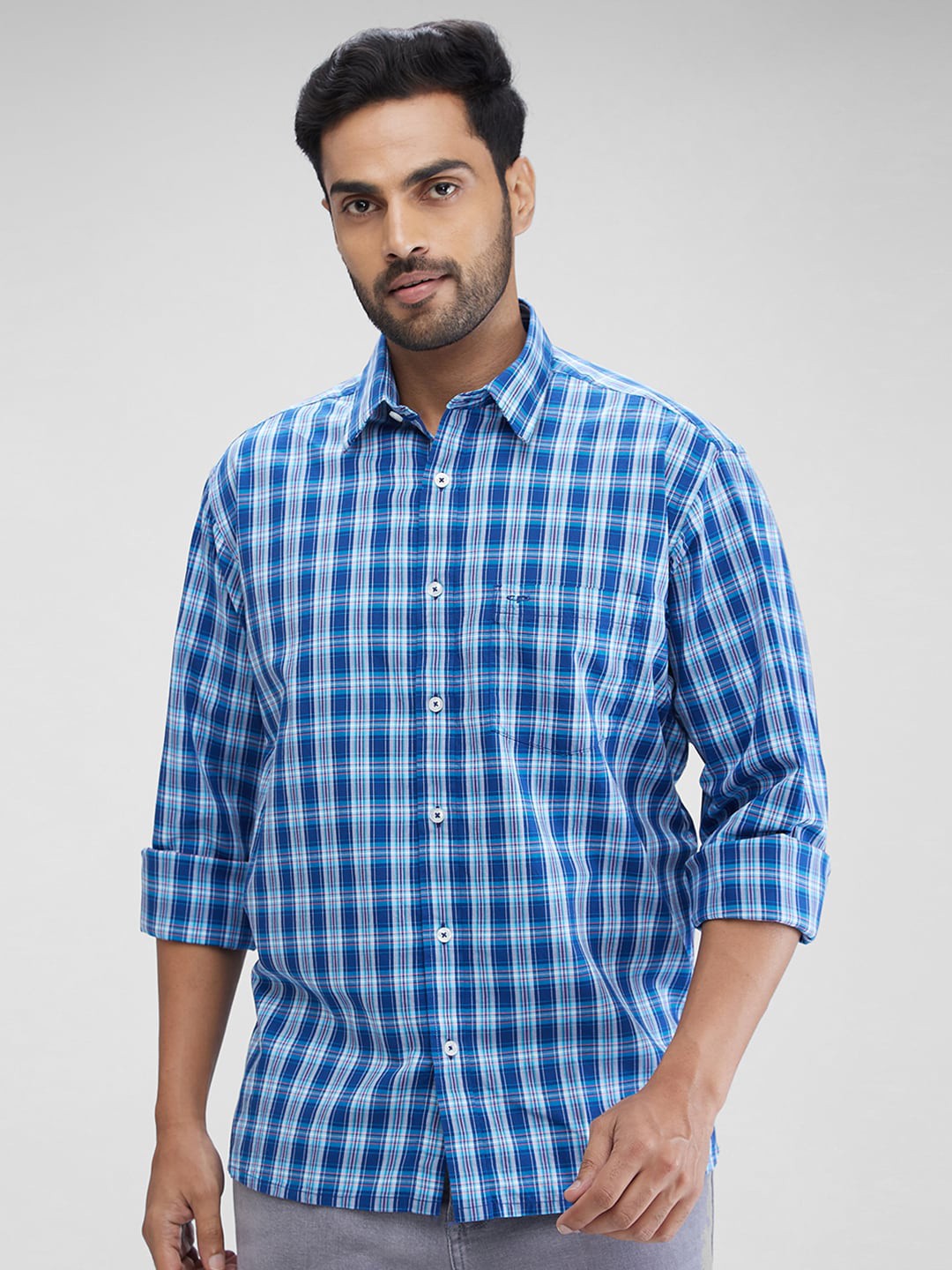 

ColorPlus Tartan Checked Spread Collar Cotton Casual Shirt, Blue