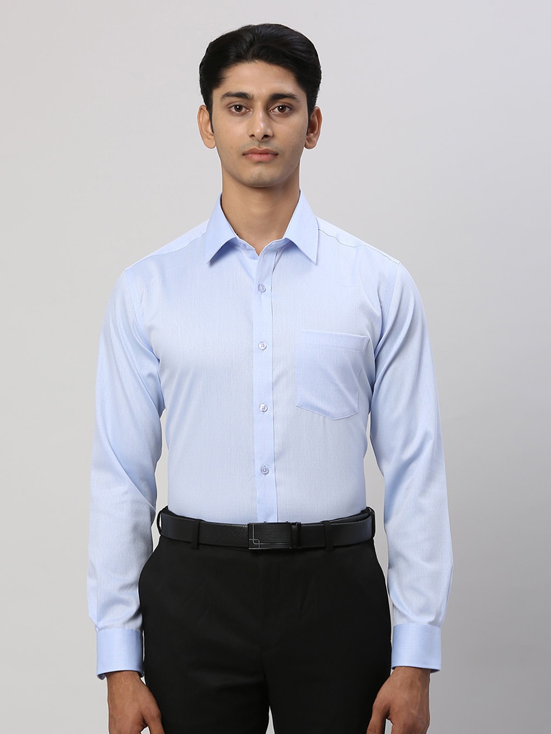 

Park Avenue Self Design Spread Collar Curved Cotton Formal Shirt, Blue