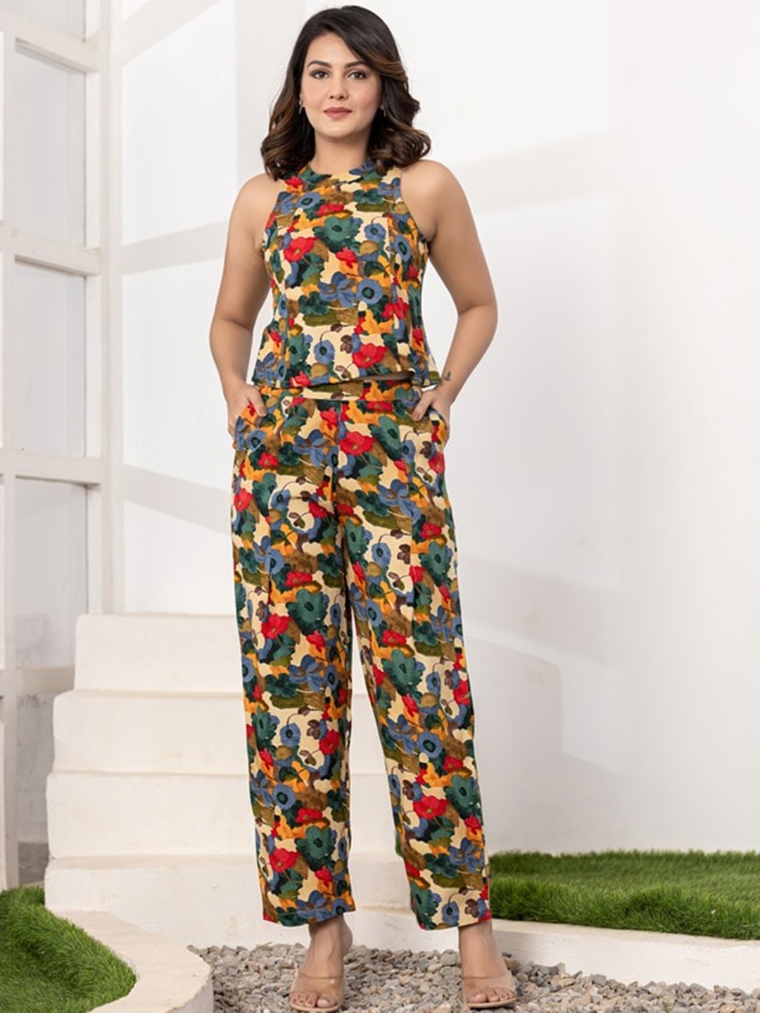 

Haute and Humble Floral Printed Halter Neck Top With Palazzos, Beige