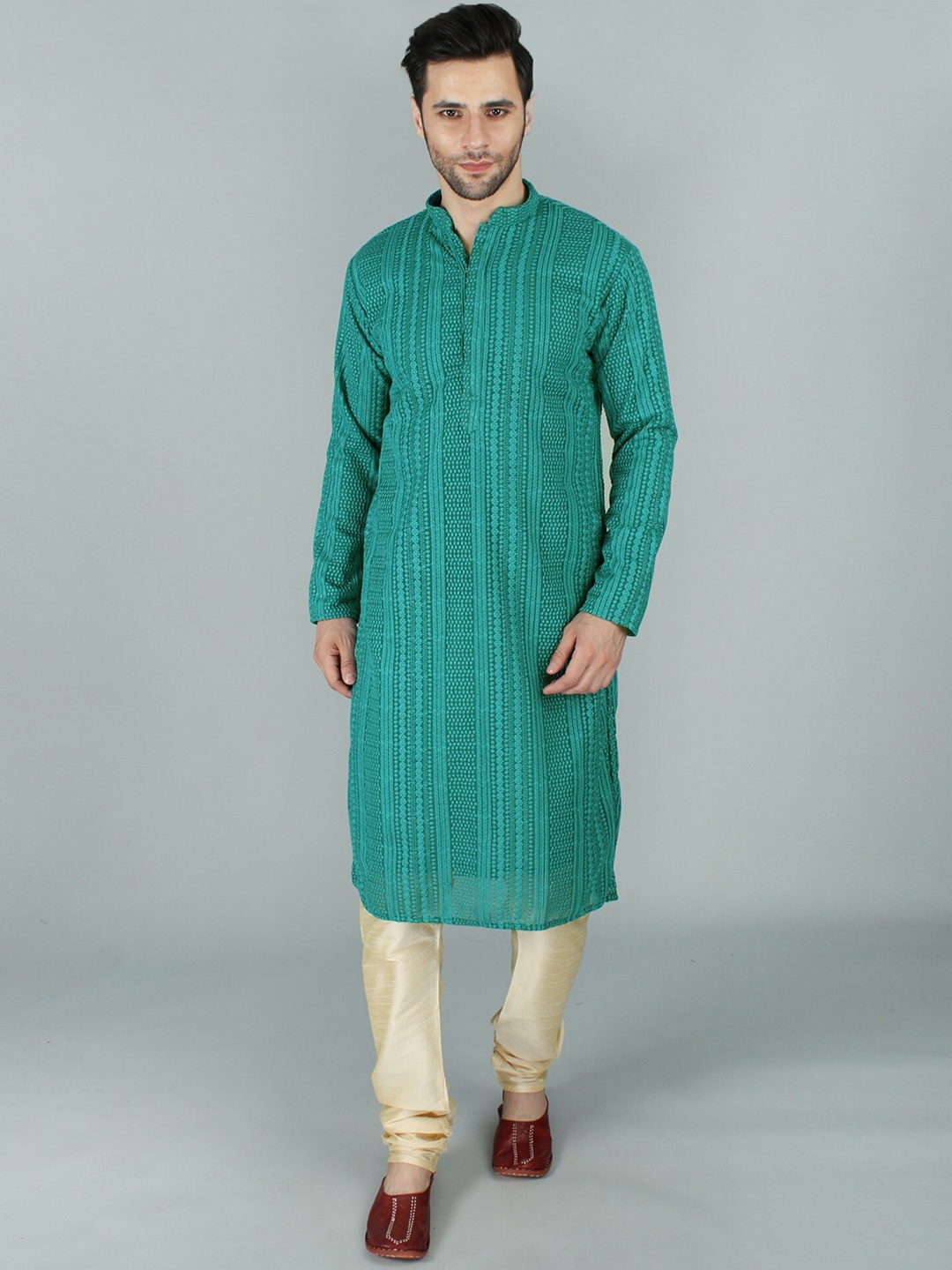 

Exotic India Georgette Intricate Chikankari Kurta Pyjama Set, Green