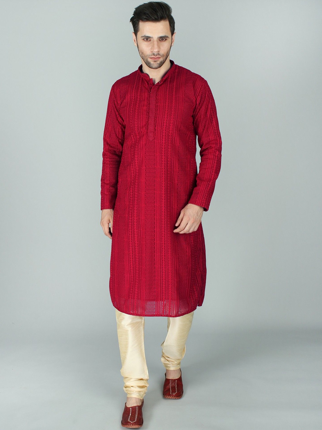 

Exotic India Intricate Chikankari Kurta Pyjama Set, Red