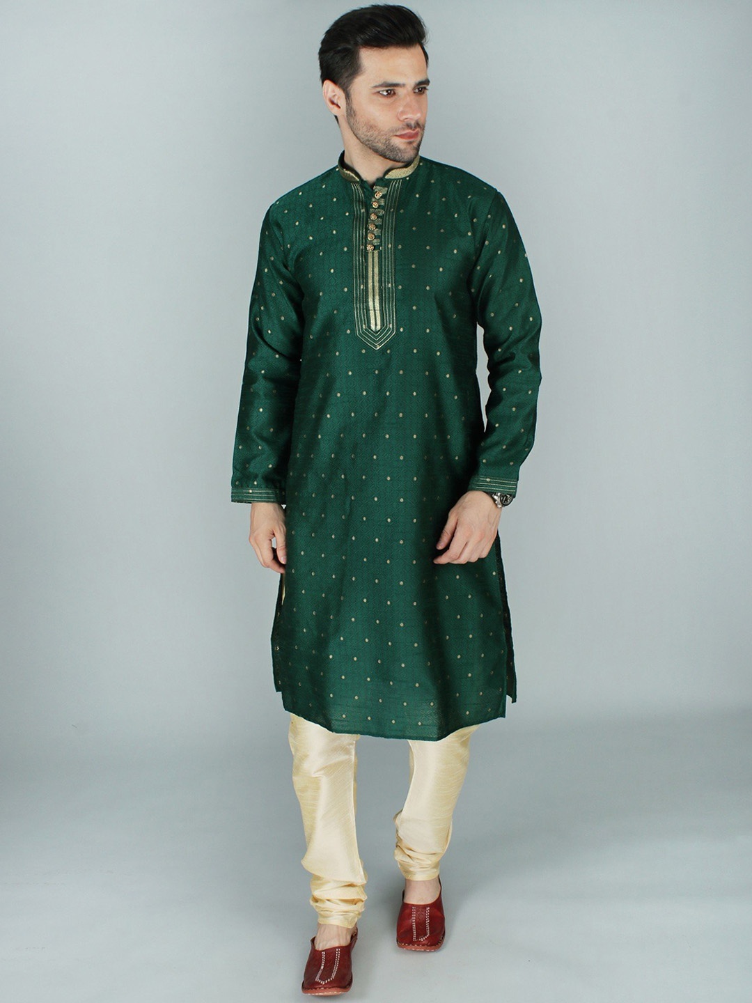 

Exotic India Elegant Brocade Kurta Pajama Set with Thread and Zari Work on Collar-Placket, Green