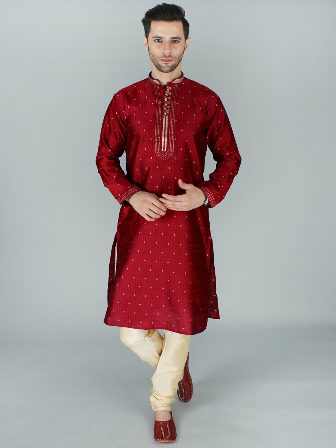 

Exotic India Elegant Brocade Kurta Pajama Set with Thread and Zari Work on Collar-Placket, Red