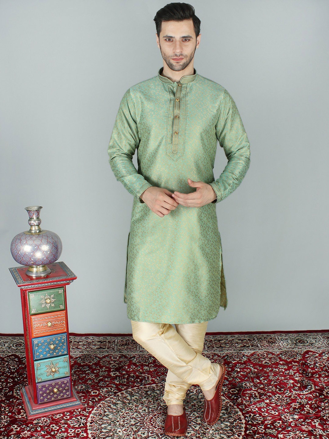 

Exotic India Brocaded Kurta Pajama Set with Floral Motifs, Green