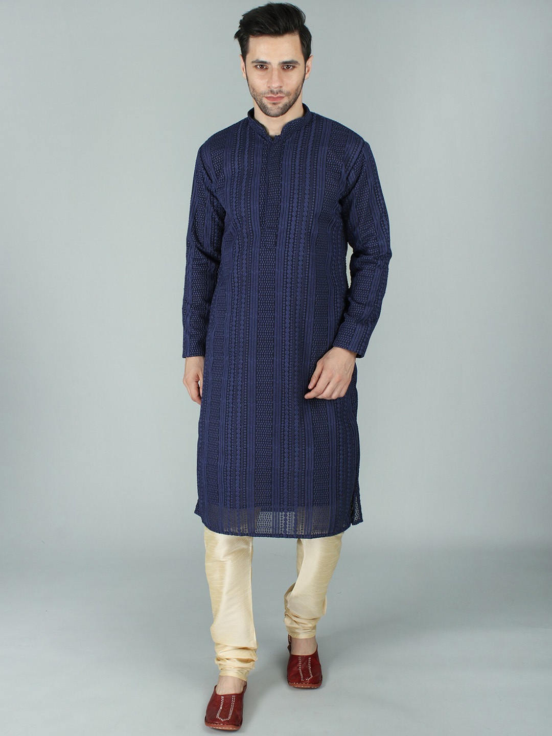 

Exotic India Georgette Intricate Chikankari Blue Kurta Pajama Set