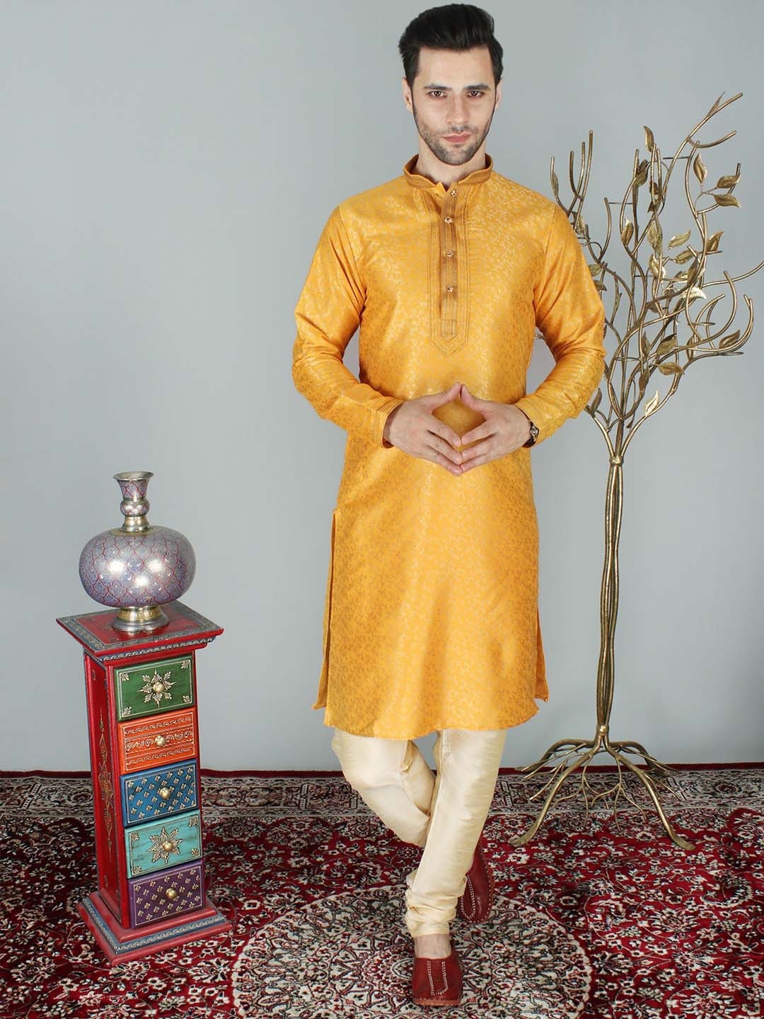 

Exotic India Brocaded Mandarin Collar Woven Design Straight Kurta with Churidar, Orange