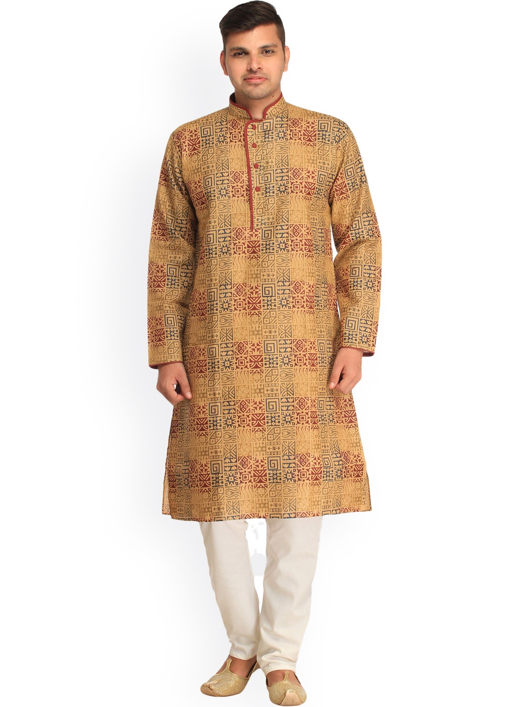 

Exotic India Taos Taupe Pure Cotton Casual Kurta Pajama Set with Heiroglyphic Print, Brown