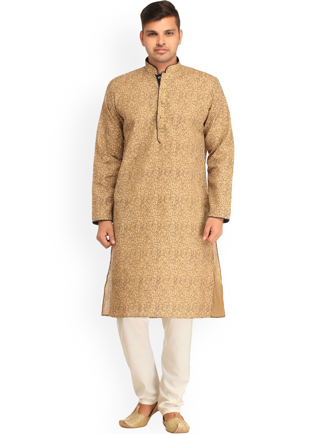 

Exotic India Almond Oil Pure Cotton Kurta Pajama Set with Printed Paisleys and Piping, Gold