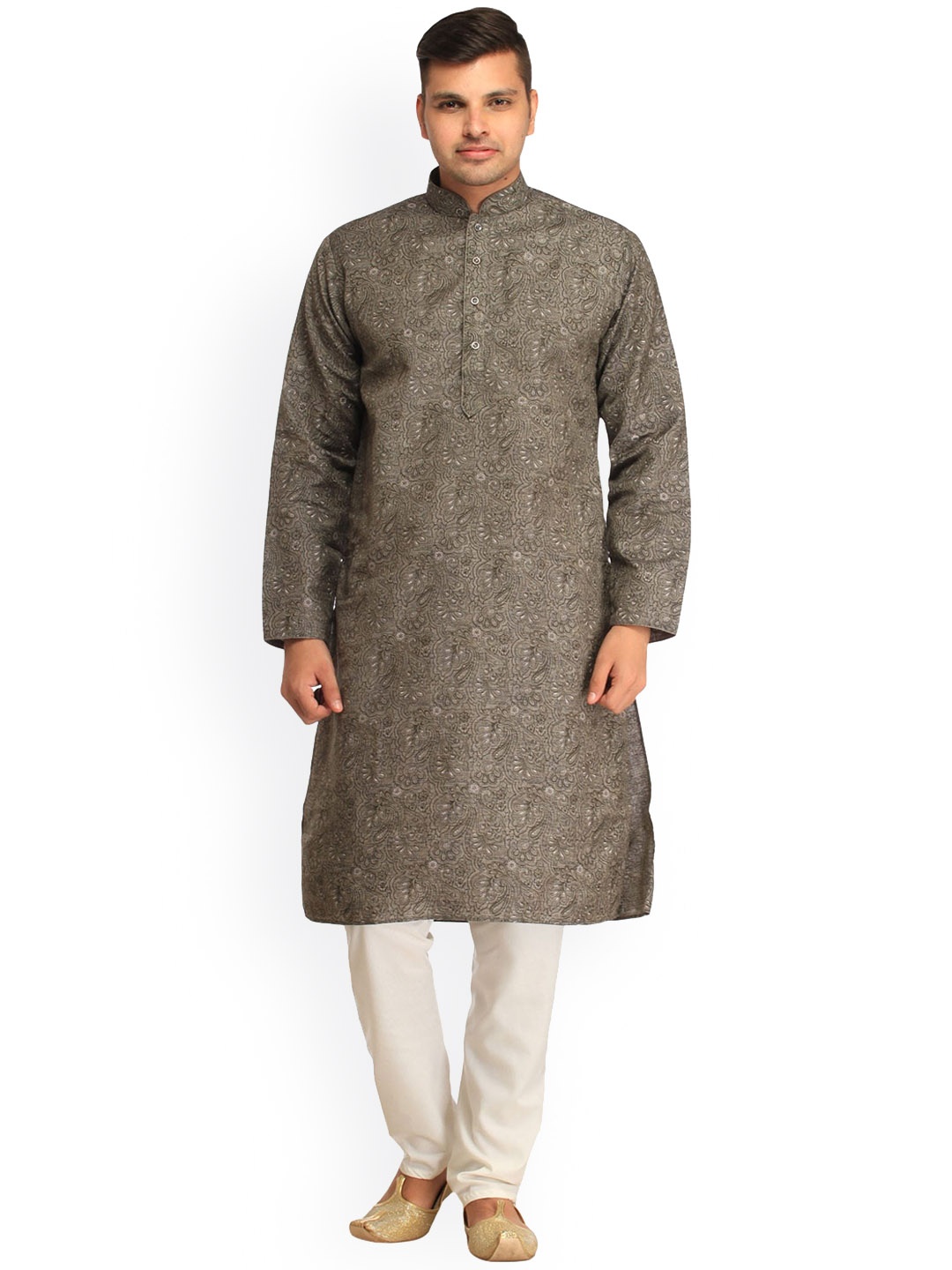 

Exotic India Wild Dove Pure Cotton Casual Kurta Pajama Set with Printed Mughal Motifs, Grey