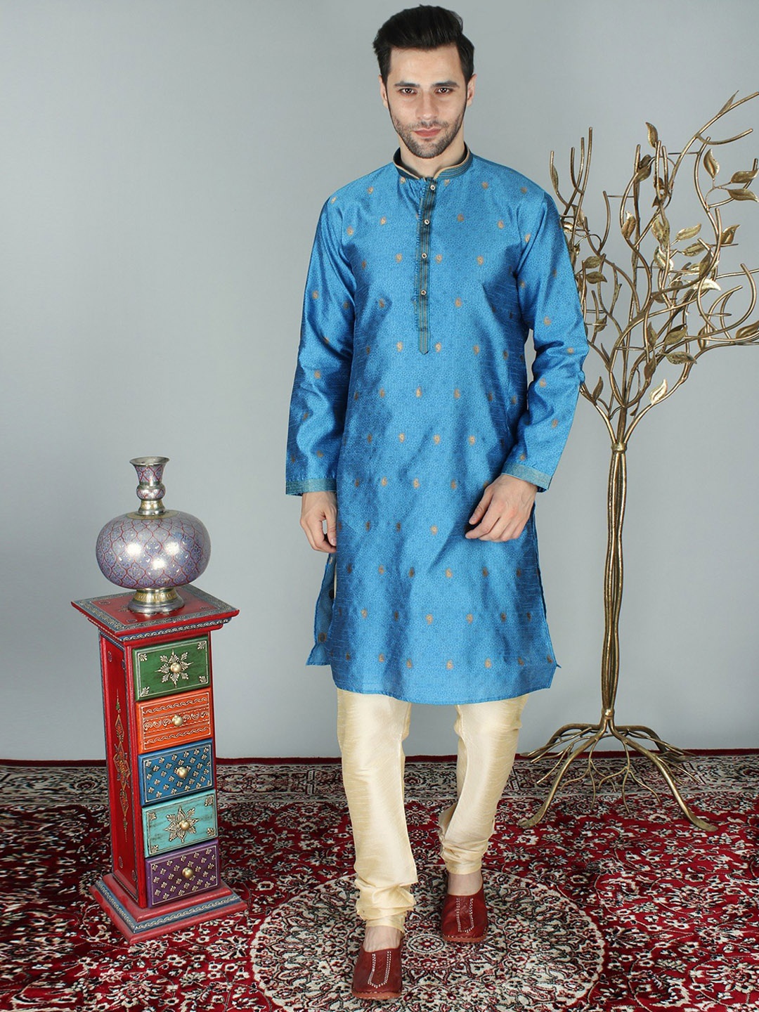 

Exotic India Paisley-Floral Brocade Pattern Kurta Pajama Set, Blue